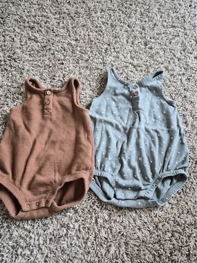 Quincy Mae Rust Orange & Dusty Blue Baby Rompers Set